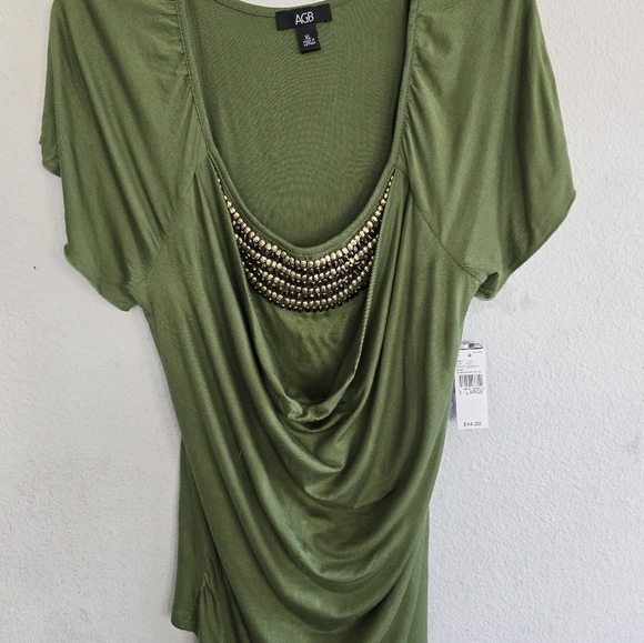 AGB Blouse Women XL Green Gold Beaded Water Fall Short Sleeve Strecty New - Picture 4 of 15